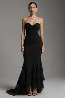Load image into Gallery viewer, Women Black Mermaid Ruffled Long Formal Dress Sweetheart Ruched Black Tie Dress