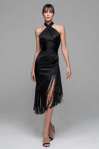 Black Satin Halter Midi Semi-Formal Dress with Fringes