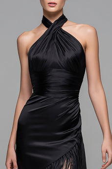 Black Satin Halter Midi Semi-Formal Dress with Fringes