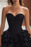 Load image into Gallery viewer, Black Satin Sweetheart A-Line Ruffled Corset Short Cocktail Dress