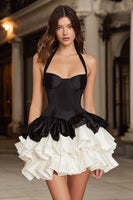 Load image into Gallery viewer, Black and White Ruffled Halter A-Line Short Cocktail Dress