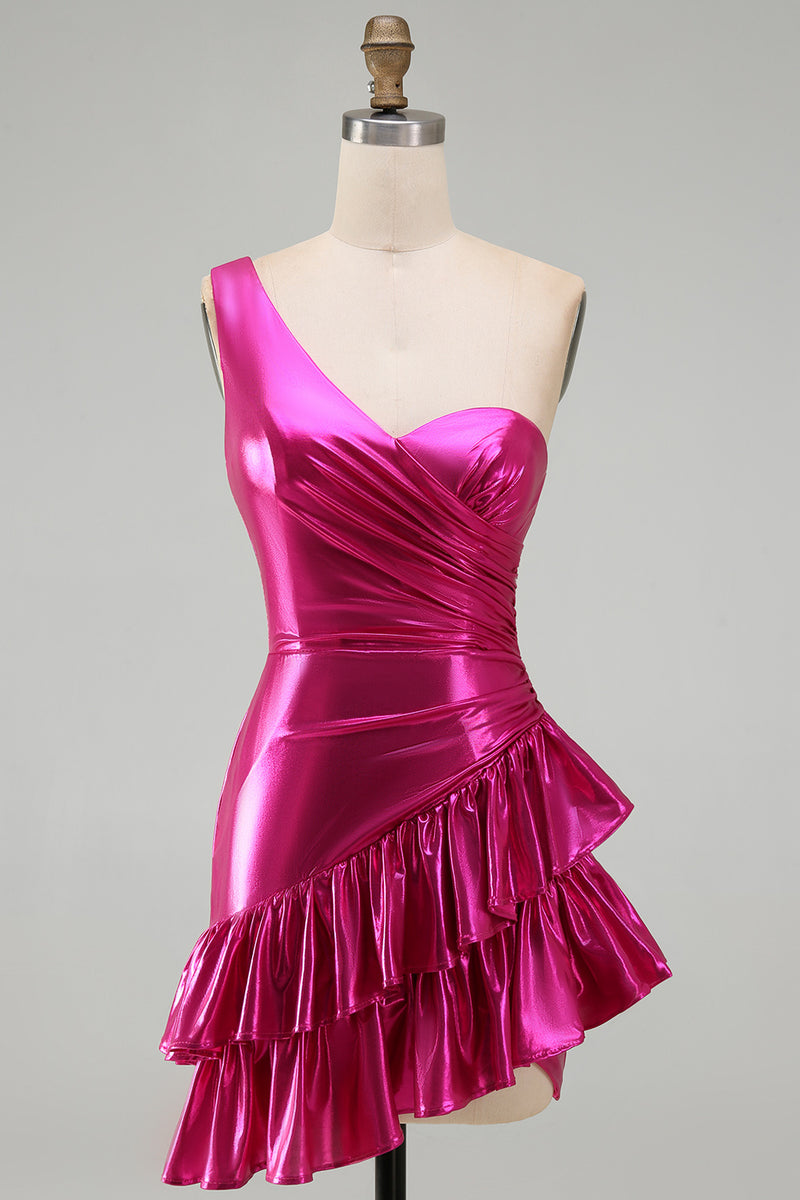 Load image into Gallery viewer, Sparkly Gold One Shoulder Metallic Ruffled Tight Short Cocktail Dress