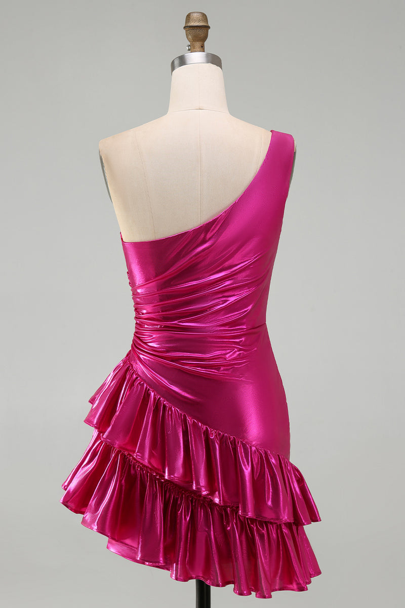 Load image into Gallery viewer, Sparkly Gold One Shoulder Metallic Ruffled Tight Short Cocktail Dress