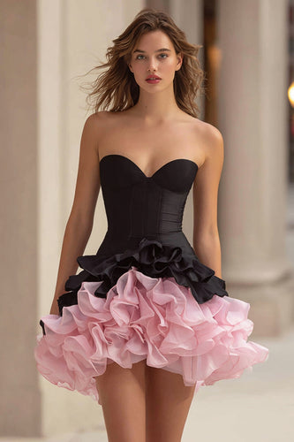 Black and Pink Satin Sweetheart Tiered A-Line Short Corset Cocktail Dress