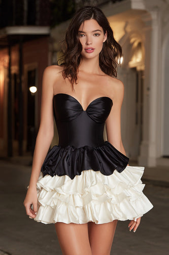 Black and White Satin A-Line Sweetheart Ruffled Short Cocktail Dress