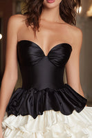 Load image into Gallery viewer, Black and White Satin A-Line Sweetheart Ruffled Short Cocktail Dress