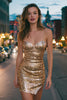 Load image into Gallery viewer, Gold Sequin Spaghetti Straps Tight Short Cocktail Dress with Slit