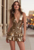 Load image into Gallery viewer, Sparkly Gold Bodycon V-Neck Ruched Metallic Ruffled Short Cocktail Dress