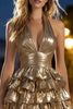 Load image into Gallery viewer, Sparkly Gold Metallic Halter Neck A-Line Ruffled Short Cocktail Dress