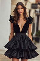 Load image into Gallery viewer, Black V-Neck Ruffled A-Line Short Cocktail Dress