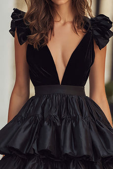 Black V-Neck Ruffled A-Line Short Cocktail Dress