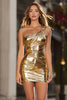 Load image into Gallery viewer, Sparkly Gold Ruched Metallic One Shoulder Tight Short Cocktail Dress
