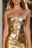 Load image into Gallery viewer, Sparkly Gold Ruched Metallic One Shoulder Tight Short Cocktail Dress