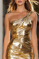 Load image into Gallery viewer, Sparkly Gold Ruched Metallic One Shoulder Tight Short Cocktail Dress