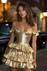 Load image into Gallery viewer, Sparkly Gold Metallic Ruffled A-Line Short Corset Cocktail Dress