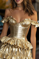 Load image into Gallery viewer, Sparkly Gold Metallic Ruffled A-Line Short Corset Cocktail Dress