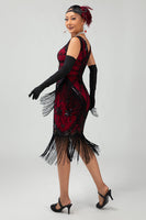 Load image into Gallery viewer, Sparkly Black Red Short Fringed 1920s Dress with 20s Accessories Set