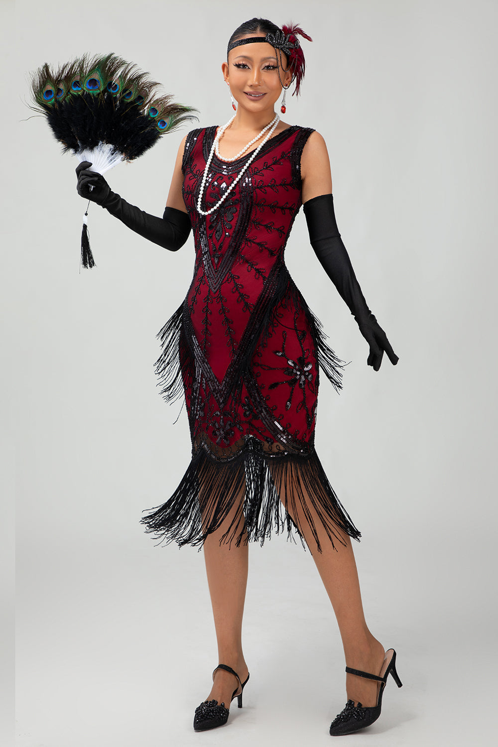 Sparkly Black Red Short Fringed 1920s Dress with 20s Accessories Set