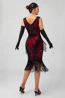 Load image into Gallery viewer, Sparkly Black Red Short Fringed 1920s Dress with 20s Accessories Set