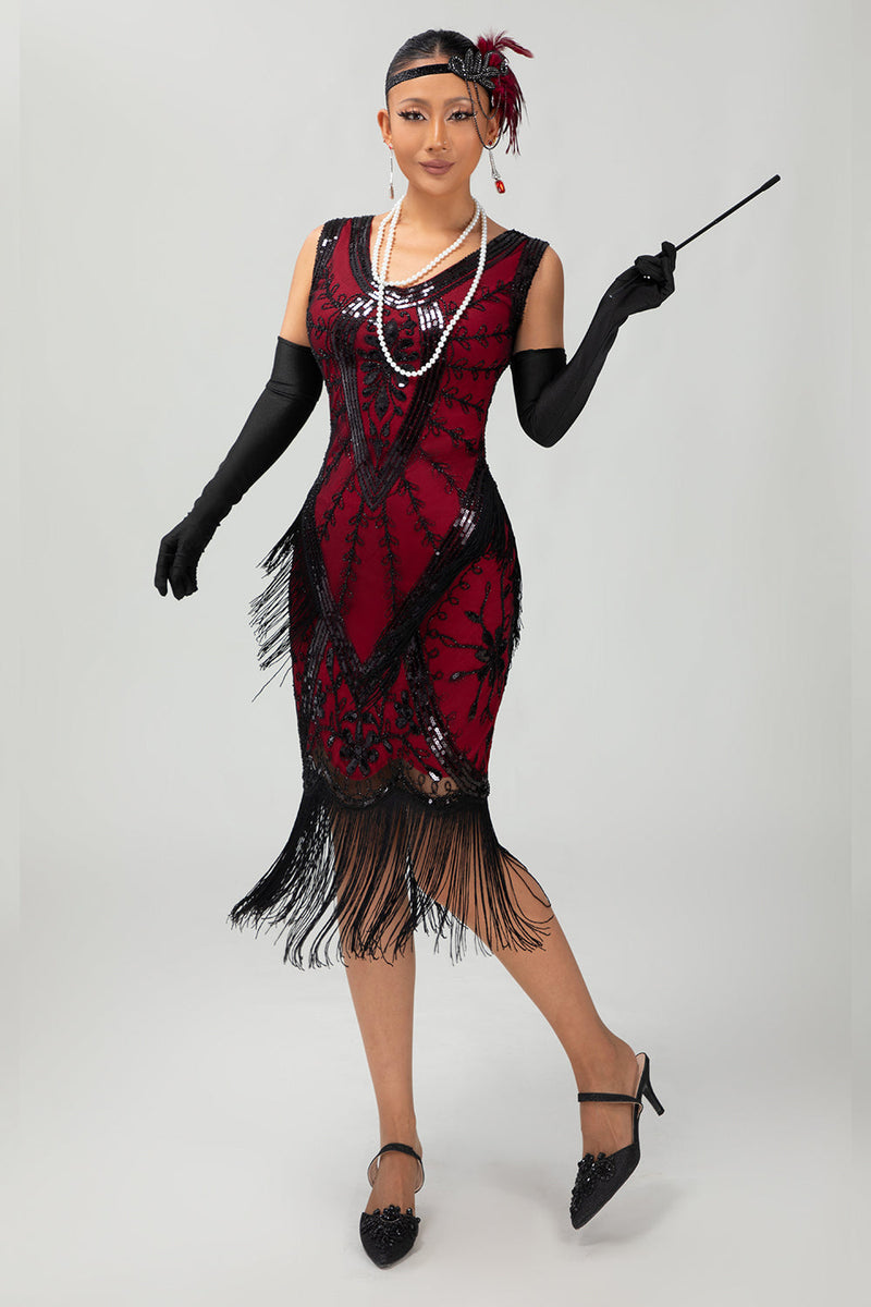 Load image into Gallery viewer, Sparkly Black Red Short Fringed 1920s Dress with 20s Accessories Set