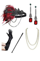 Load image into Gallery viewer, Sparkly Black Red Short Fringed 1920s Dress with 20s Accessories Set