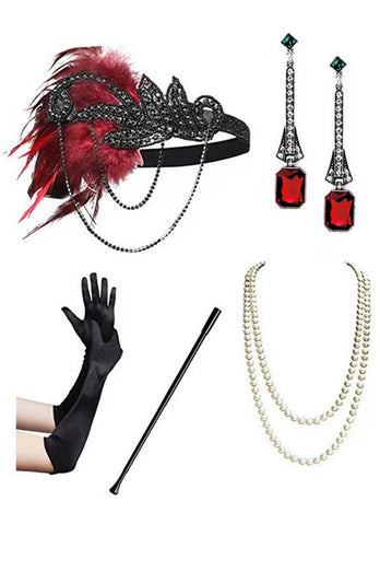 Sparkly Black Red Short Fringed 1920s Dress with 20s Accessories Set