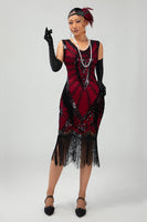 Load image into Gallery viewer, Sparkly Black Red Short Fringed 1920s Dress with 20s Accessories Set