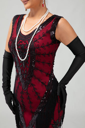 Sparkly Black Red Short Fringed 1920s Dress with 20s Accessories Set