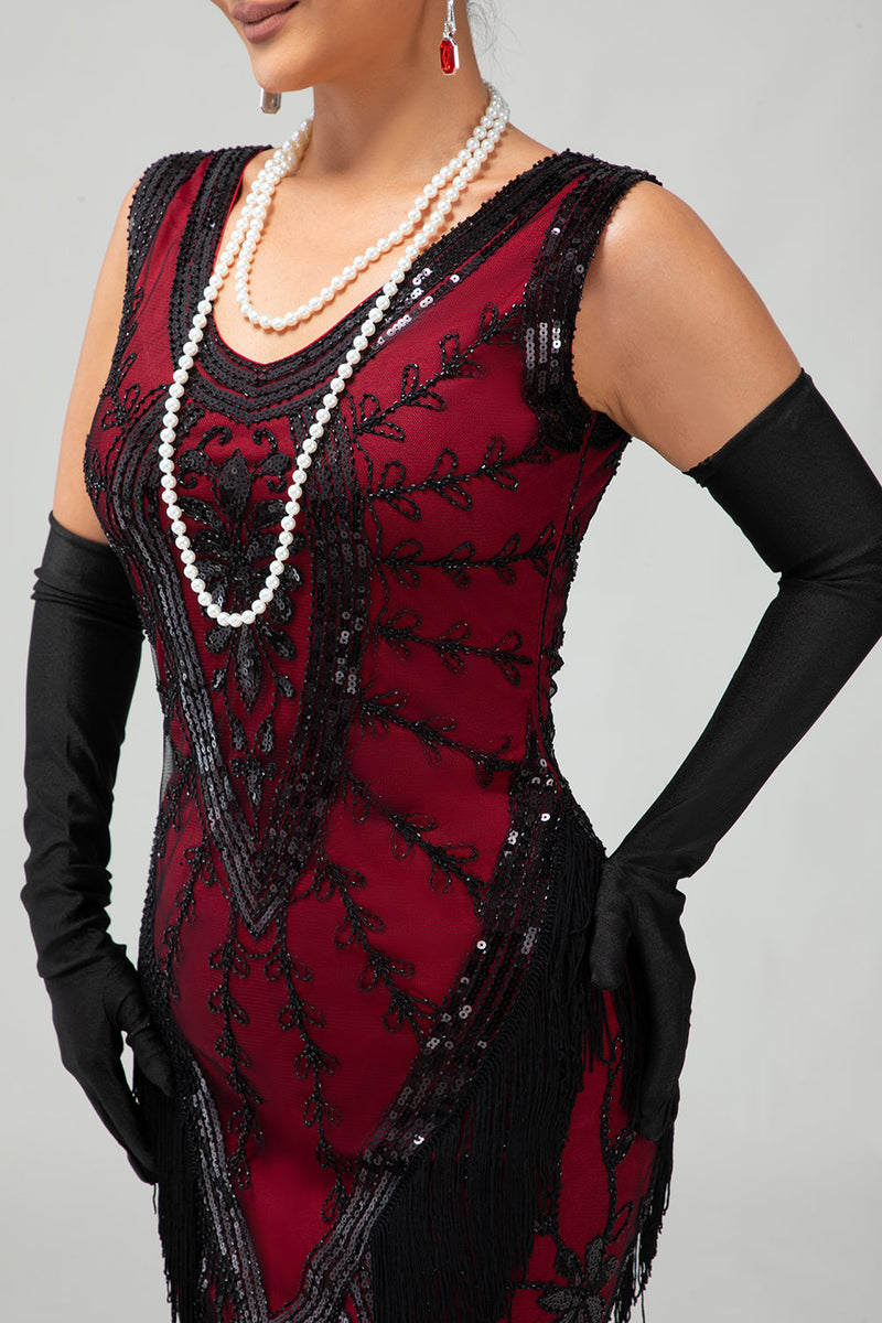 Load image into Gallery viewer, Sparkly Black Red Short Fringed 1920s Dress with 20s Accessories Set