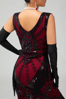 Load image into Gallery viewer, Sparkly Black Red Short Fringed 1920s Dress with 20s Accessories Set