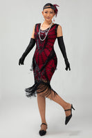 Load image into Gallery viewer, Sparkly Black Red Short Fringed 1920s Dress with 20s Accessories Set