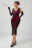 Load image into Gallery viewer, Sparkly Black Red Short Fringed 1920s Dress with 20s Accessories Set