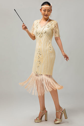 Sparkly Apricot Short Sleeves Sequins 1920s Dress with Fringes