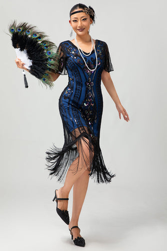 Sparkly Black Blue Short Sleeves Sequins 1920s Dress with Fringes
