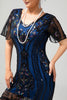 Load image into Gallery viewer, Sparkly Black Blue Short Sleeves Sequins 1920s Dress with Fringes
