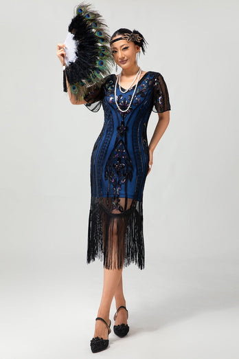 Sparkly Black Blue Short Sleeves Sequins 1920s Dress with Fringes