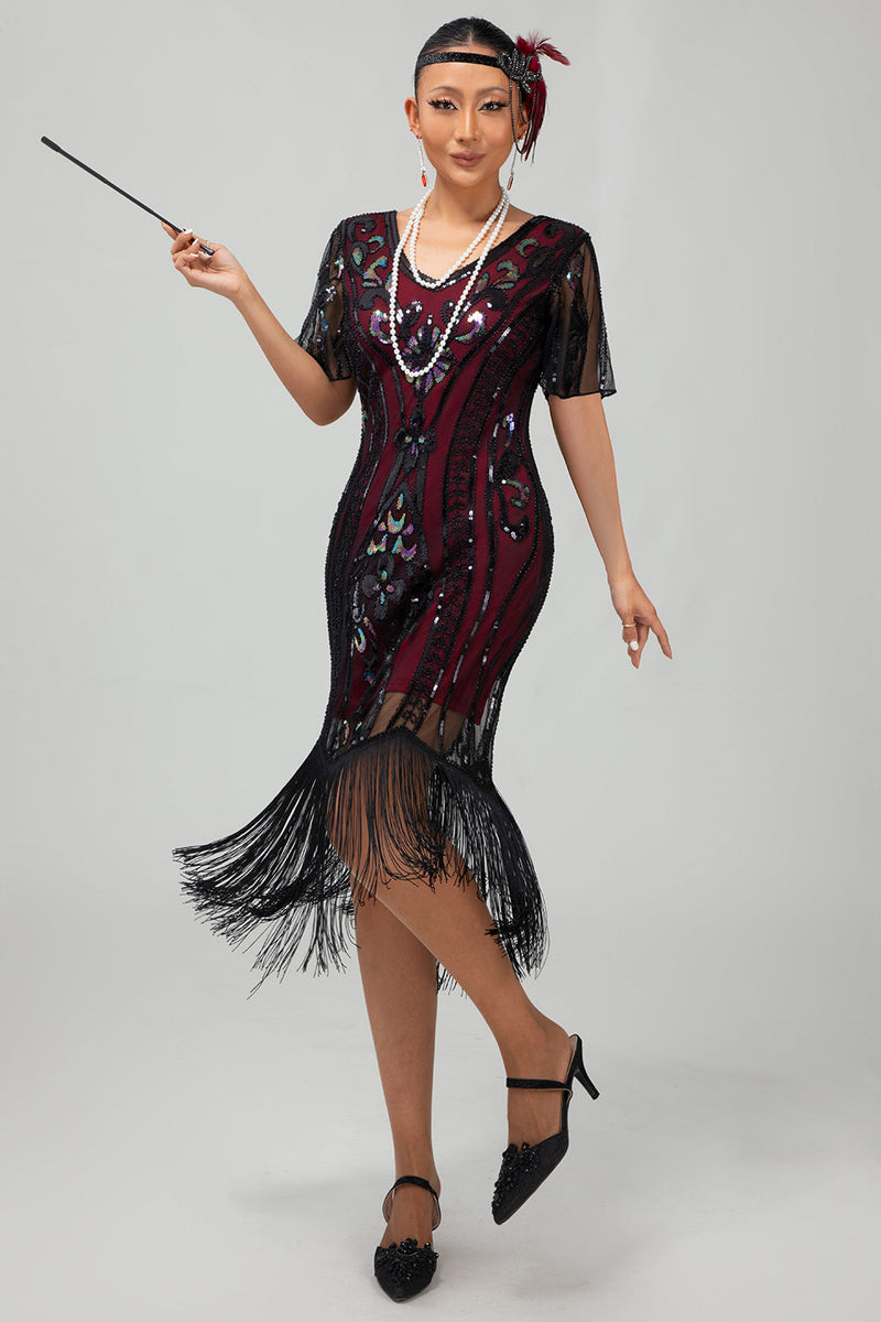 Load image into Gallery viewer, Sparkly Black Burgundy Fringed Short Sequins 1920s Dress with Sleeves