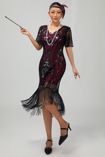 Sparkly Black Golden Sequins Bodycon Short 1920s Dress with Sleeves