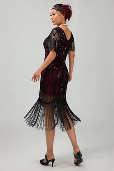 Sparkly Black Burgundy Fringed Short Sequins 1920s Dress with Sleeves