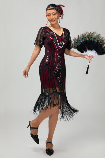 Sparkly Black Golden Sequins Bodycon Short 1920s Dress with Sleeves