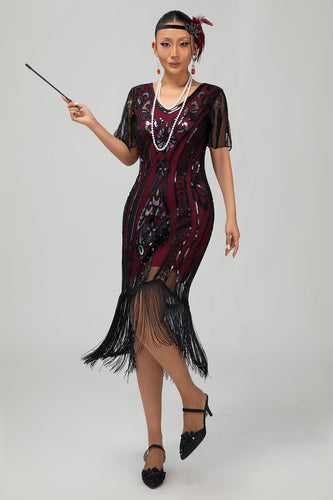 Sparkly Black Burgundy Fringed Short Sequins 1920s Dress with Sleeves