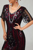Load image into Gallery viewer, Sparkly Black Burgundy Fringed Short Sequins 1920s Dress with Sleeves