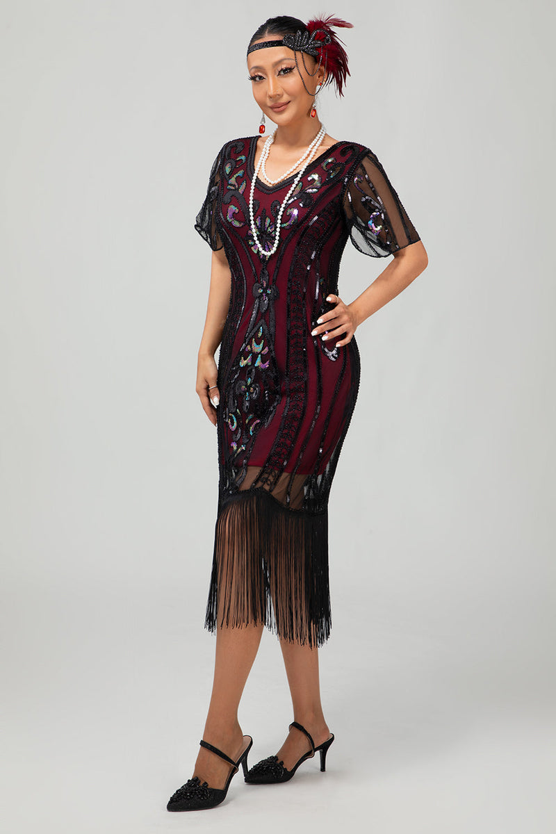 Load image into Gallery viewer, Sparkly Black Burgundy Fringed Short Sequins 1920s Dress with Sleeves