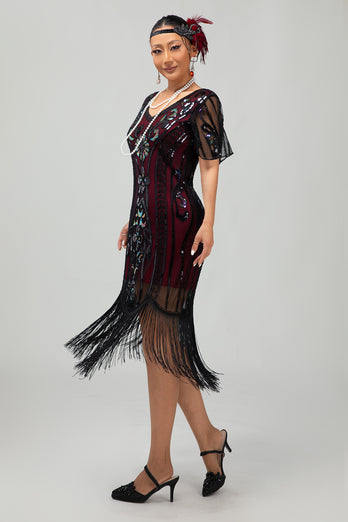 Sparkly Black Golden Sequins Bodycon Short 1920s Dress with Sleeves