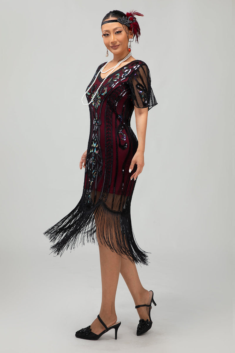 Load image into Gallery viewer, Sparkly Black Burgundy Fringed Short Sequins 1920s Dress with Sleeves
