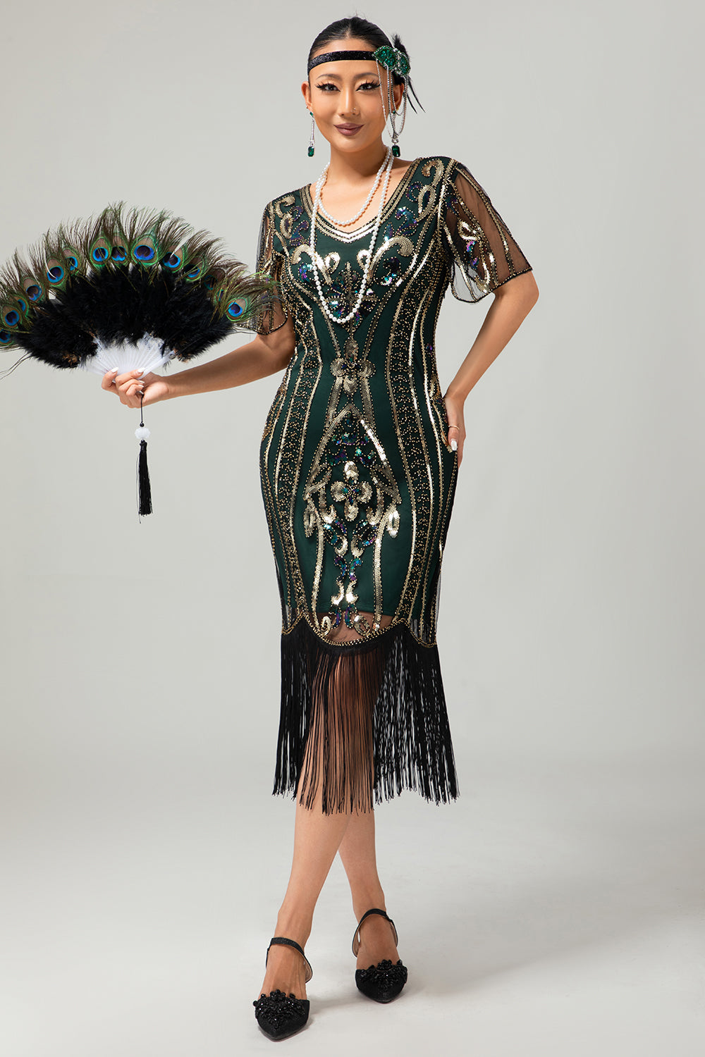 Sparkly Dark Green Bodycon Fringed Short 1920s Dress with Sleeves