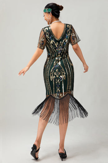 Sparkly Apricot Short Sleeves Sequins 1920s Dress with Fringes