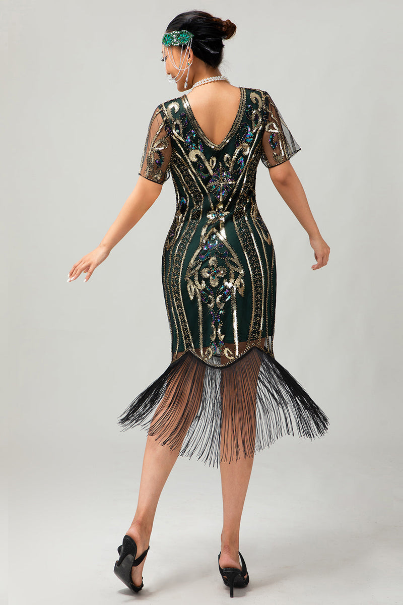Load image into Gallery viewer, Sparkly Dark Green Bodycon Fringed Short 1920s Dress with Sleeves