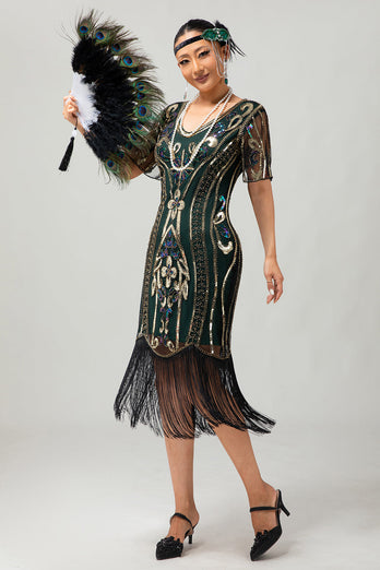 Sparkly Black Blue Short Sleeves Sequins 1920s Dress with Fringes