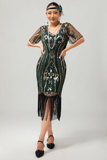 Sparkly Black Blue Short Sleeves Sequins 1920s Dress with Fringes